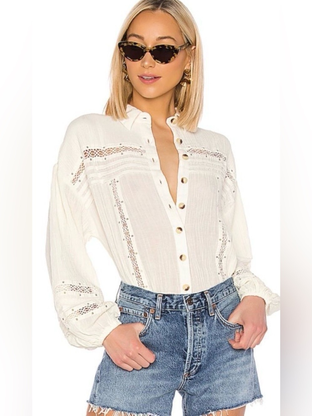 Free People Summer Stars Sequin Lace Crinkle Button Down Top Ivory L NWOT - Picture 1 of 8